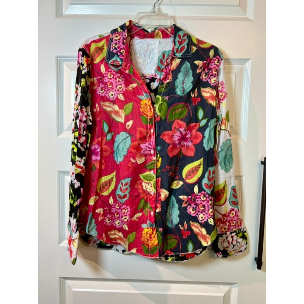 Cino Crinkle Cotton Floral Patchwork Button Up Shirt Multi-Color Long Sleeve L
